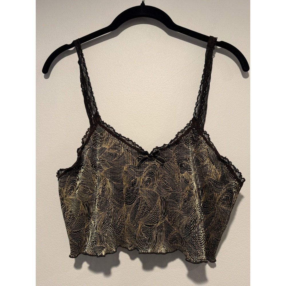 Vintage Lady Cameo Crop Camisole Lingerie Nylon Gold Black Lace Women's Size M